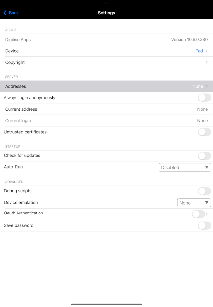 Picture showing the Settings screen in the Digitise Apps Client on an Apple device.